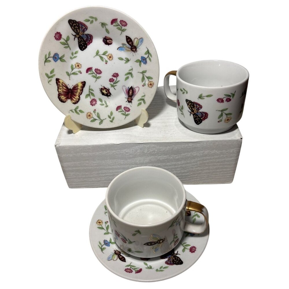 Teaopia Butterfly Tea Cup & Saucer Set of 2 Porcelain Bees Floral